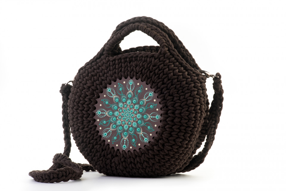 Horgolt táska mandalával, barna/türkiz színben