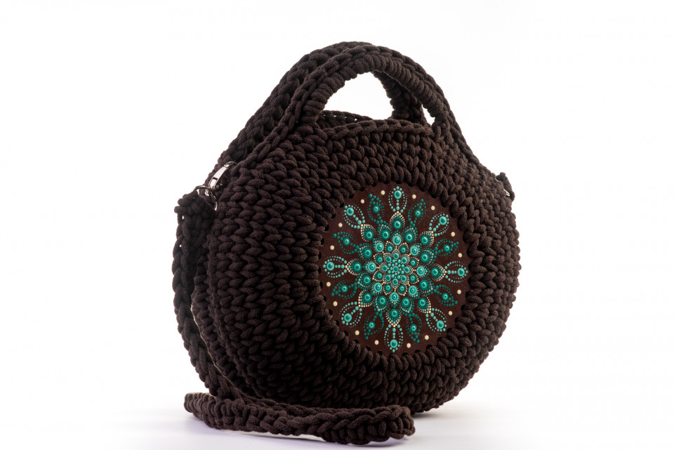 Horgolt táska mandalával, barna/türkiz színben