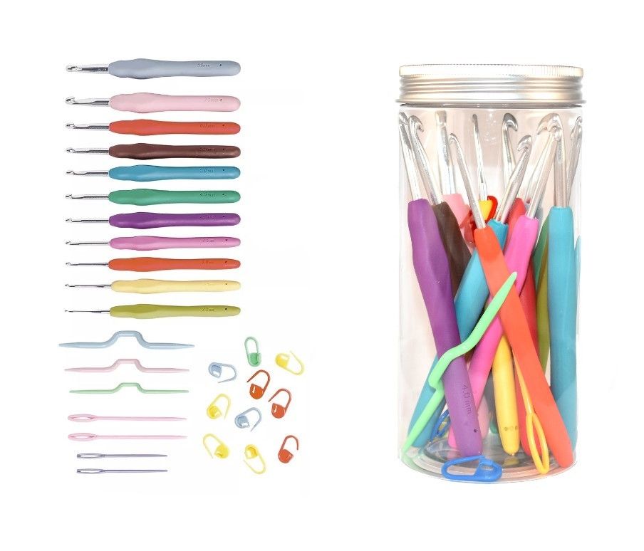 Set crosete aluminiu cu maner silicon - borcan plastic - 28 piese