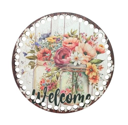 Natúr színű kör alakú fa alap, 20 cm - Üdvözöljük